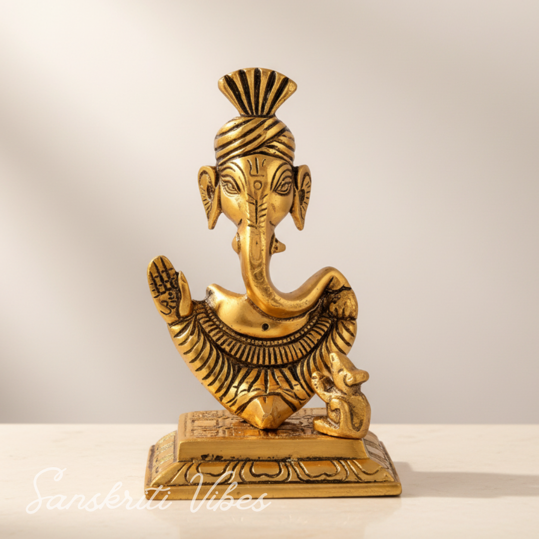 Metal Lord Pagdi Ganesha Reading Ramayana Idol Gold Plated Sitting Statue for Home and Office Decoration