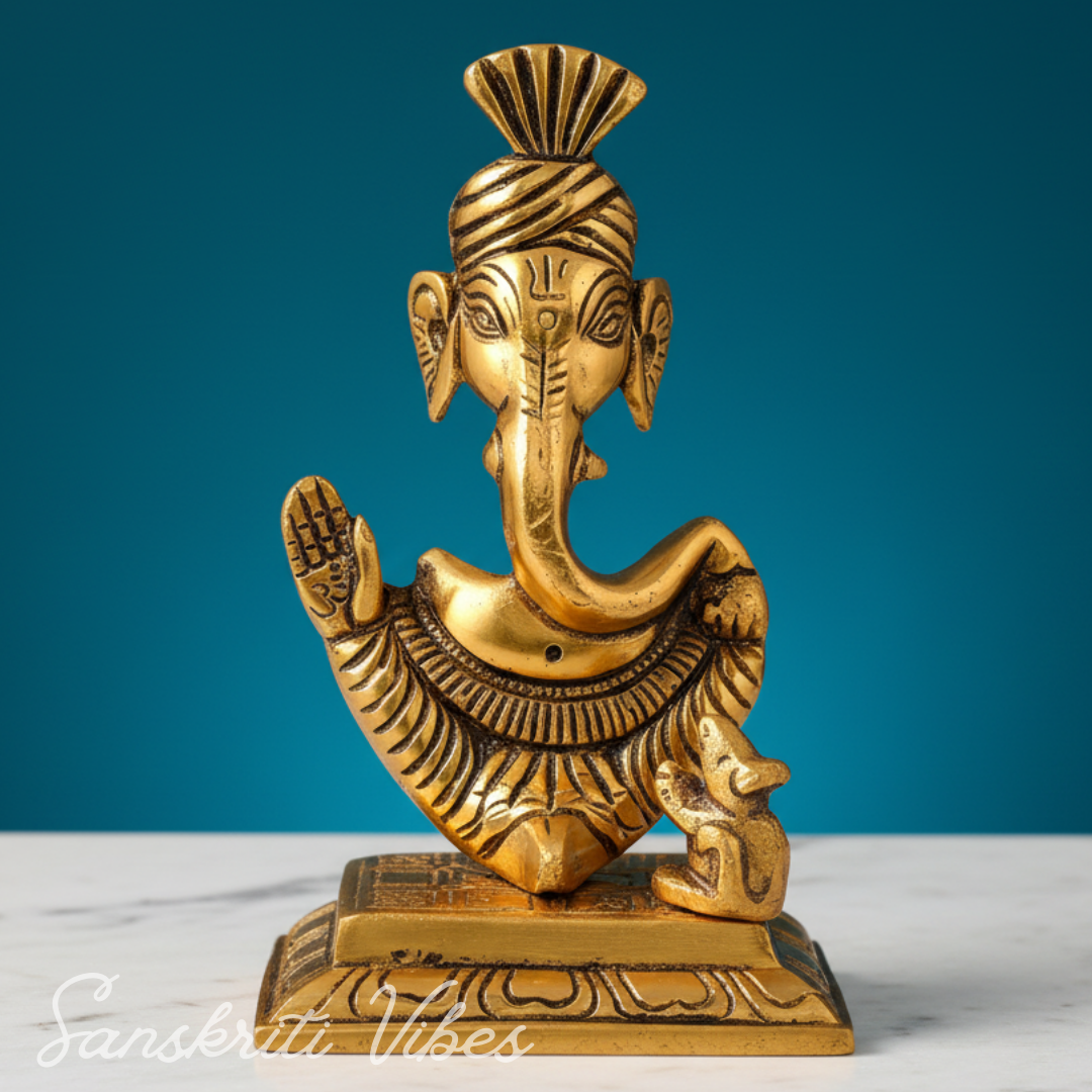 Metal Lord Pagdi Ganesha Reading Ramayana Idol Gold Plated Sitting Statue for Home and Office Decoration