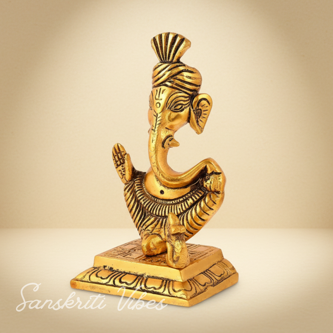Metal Lord Pagdi Ganesha Reading Ramayana Idol Gold Plated Sitting Statue for Home and Office Decoration