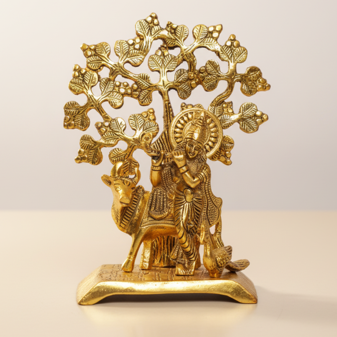 Handcrafted Krishna Playing Flute with Kamdhenu Cow Under Tree Metal Statue for Pooja and Home Decor by Sanskriti Vibes