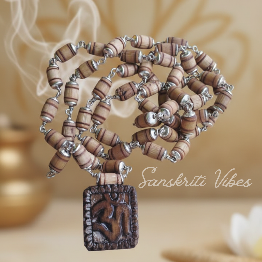 Om Carved Tulsi Locket with Tulsi Silver Capping Mala – Sacred Tulsi Beads with Om Symbol