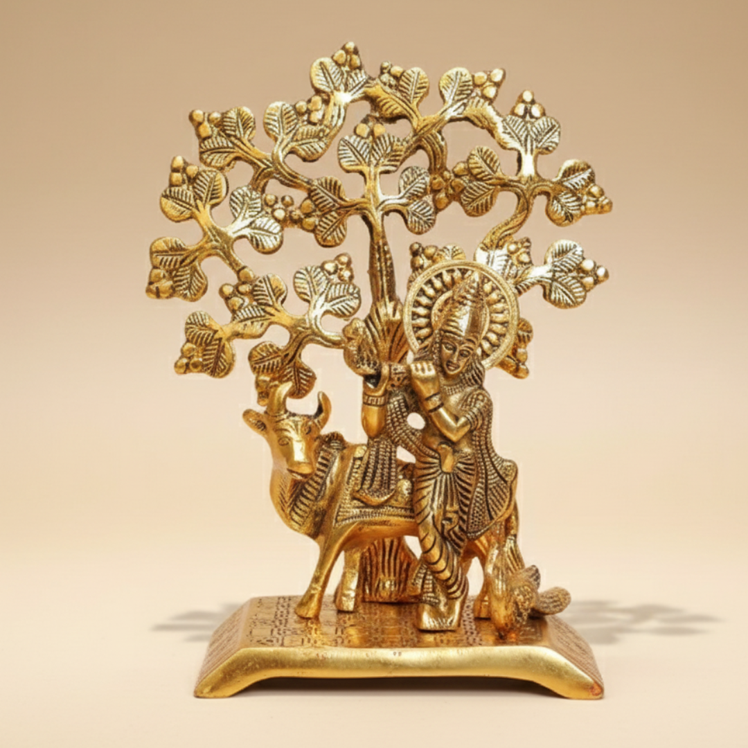 Handcrafted Krishna Playing Flute with Kamdhenu Cow Under Tree Metal Statue for Pooja and Home Decor by Sanskriti Vibes