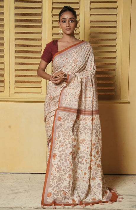 Handwoven Muslin Cotton Saree – Prints in Dusty Pink - Retail Maharaj
