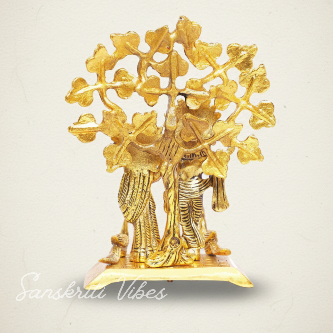 Handcrafted Radha Krishna Standing Playing Flute Under Tree Metal Statue Gold Antique Finish for Pooja and Home Decor by Sanskriti Vibes