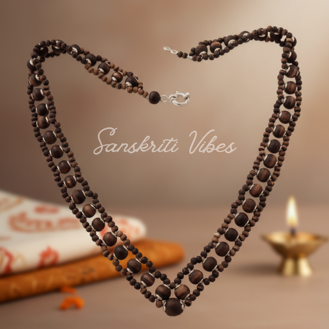Traditional Chain / Band Pattern Designer Pure Shyama Tulsi Beads Kanthi Mala with Silver Caps – 92.5% Silver
