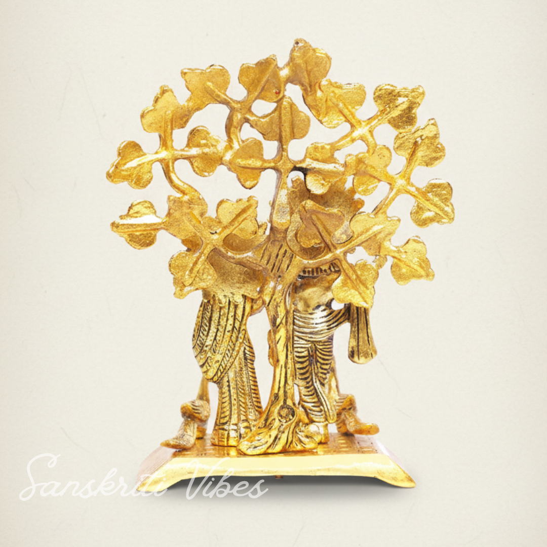 Handcrafted Radha Krishna Standing Playing Flute Under Tree Metal Statue Gold Antique Finish for Pooja and Home Decor by Sanskriti Vibes