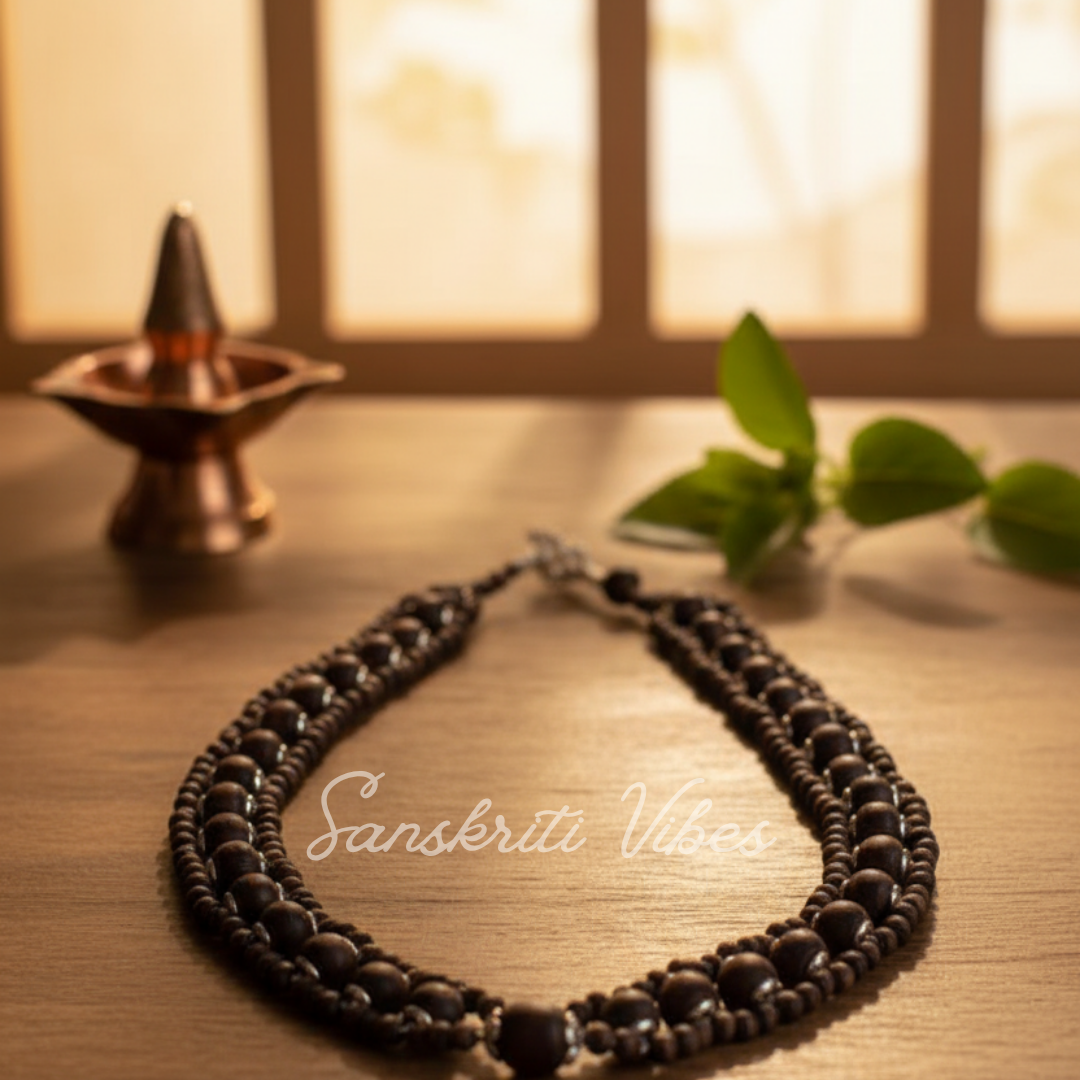 Traditional Chain / Band Pattern Designer Pure Shyama Tulsi Beads Kanthi Mala with Silver Caps – 92.5% Silver