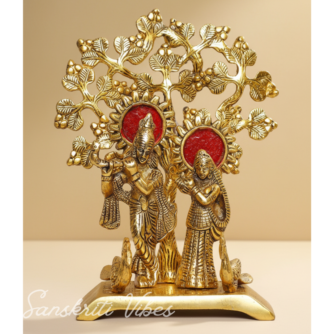 Handcrafted Radha Krishna Standing Playing Flute Under Tree Metal Statue Gold Antique Finish for Pooja and Home Decor by Sanskriti Vibes