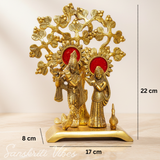 Handcrafted Radha Krishna Standing Playing Flute Under Tree Metal Statue Gold Antique Finish for Pooja and Home Decor by Sanskriti Vibes