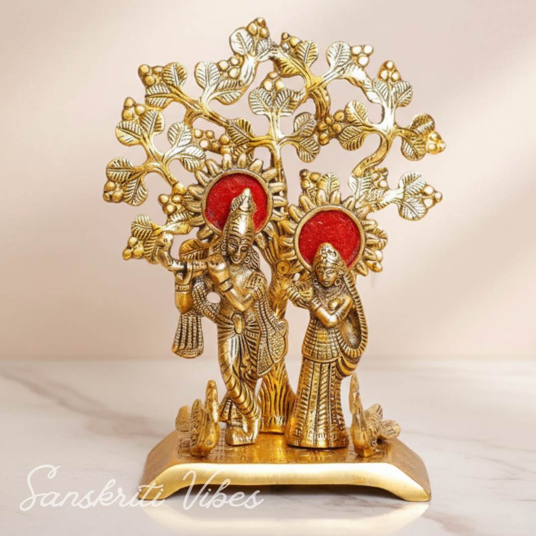 Handcrafted Radha Krishna Standing Playing Flute Under Tree Metal Statue Gold Antique Finish for Pooja and Home Decor by Sanskriti Vibes
