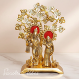 Handcrafted Radha Krishna Standing Playing Flute Under Tree Metal Statue Gold Antique Finish for Pooja and Home Decor by Sanskriti Vibes
