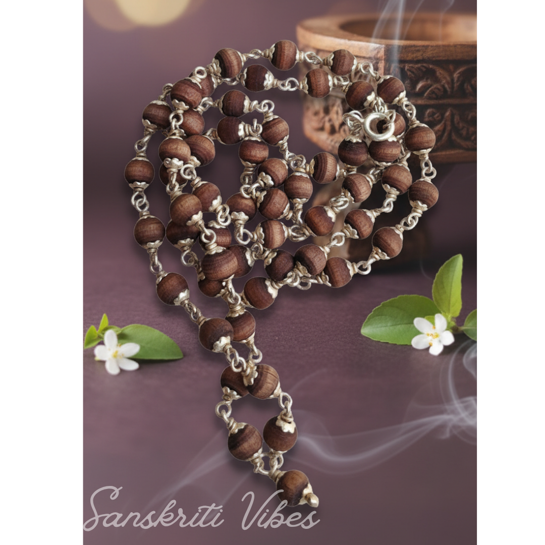 54+1 Silver Flower Capped Shayma Tulsi Beads Mala – 92.5% Silver for Wear and Japa