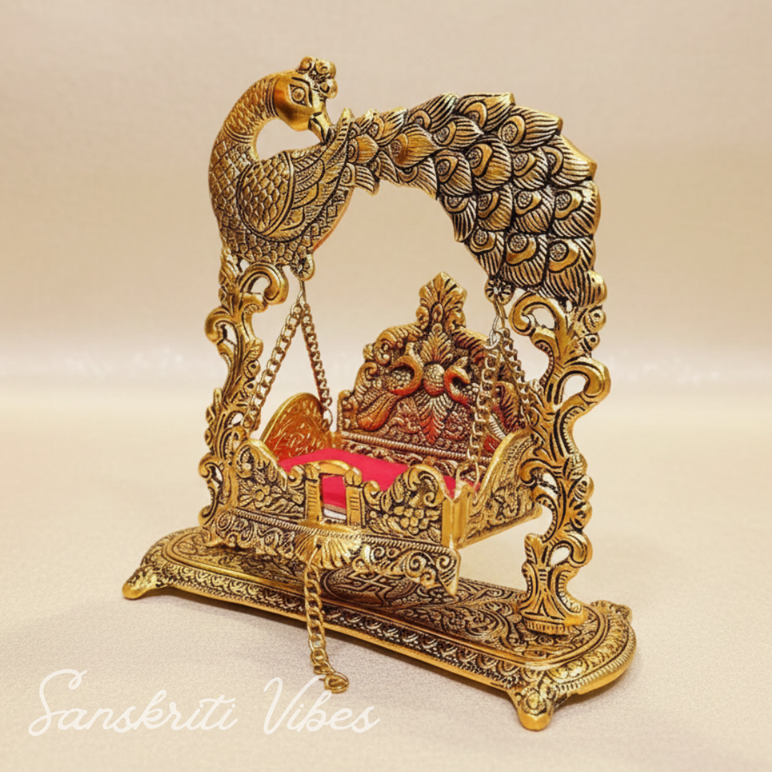 Handcrafted Metal Laddu Gopal Jhulla Gold Plated Palna for Janmashtami Festival Temple Home Decor and Gifting by Sanskriti Vibes