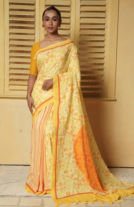 Handwoven Muslin Cotton Saree – Prints in Yellow - Retail Maharaj