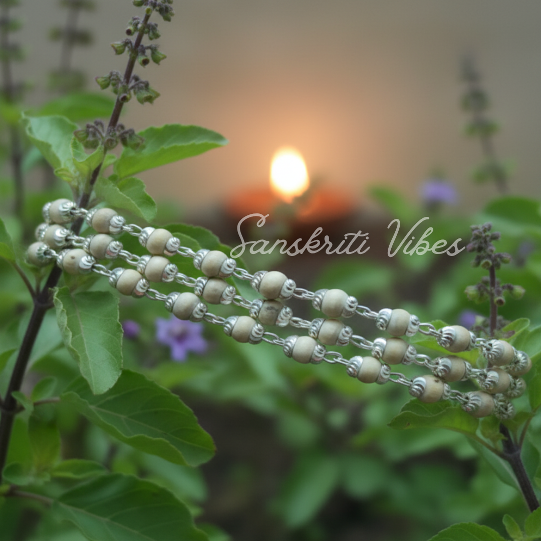 Sterling Silver and Natural Tulasi Basil Rosary Beads Chain – 24 Inches