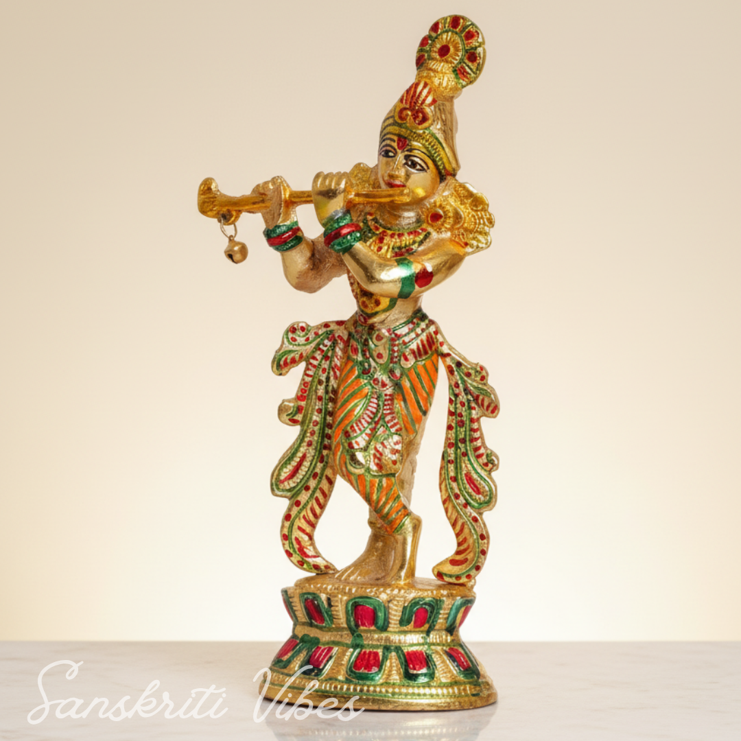 Handcrafted Krishna Playing Flute with Minakari Work Metal Statue Bansuri Krishna Idol for Home Decor and Pooja by Sanskriti Vibes