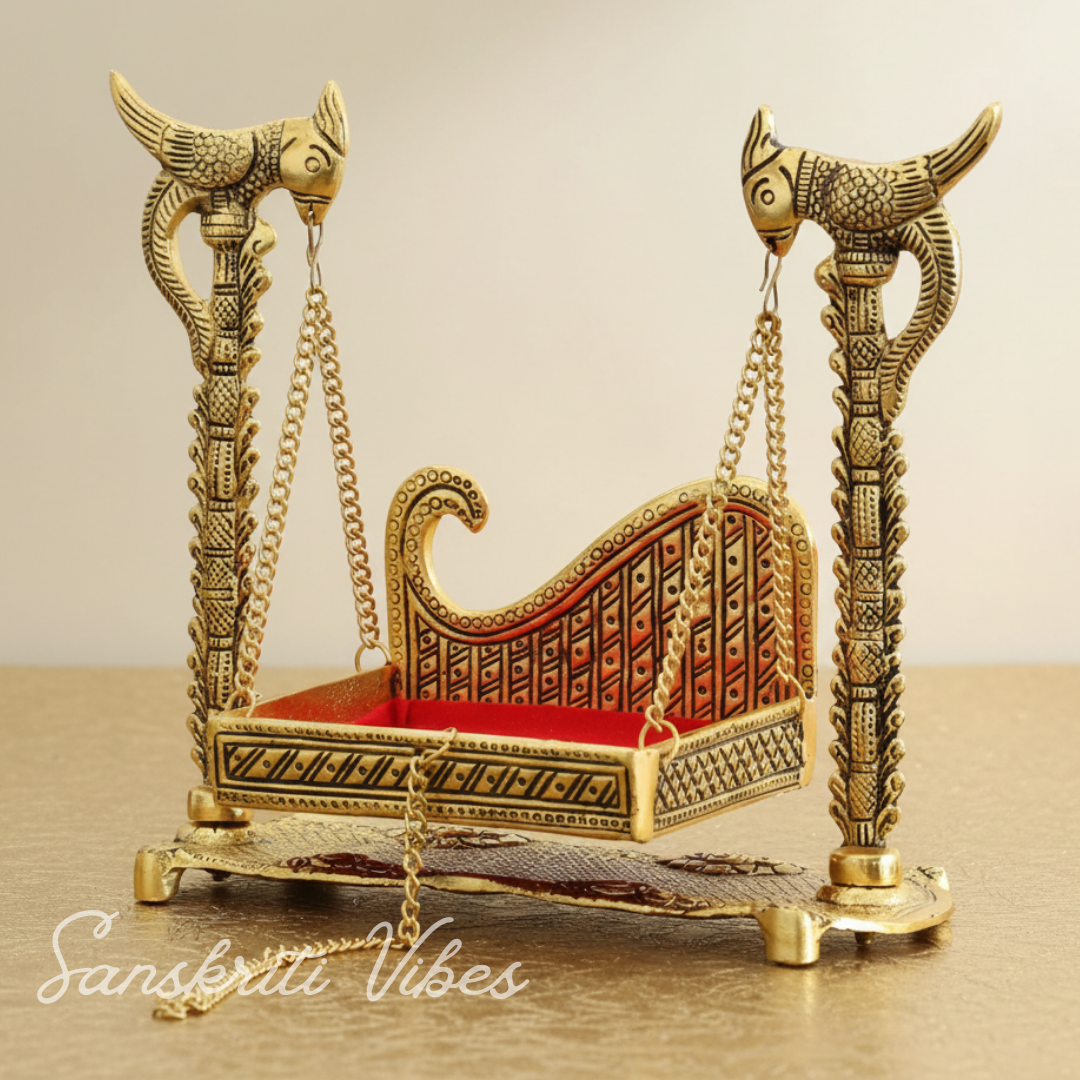 Handcrafted Metal Swing Laddu Gopal Jhula Krishna Hindola Palana Decorative Temple Pooja Showpiece and Religious Idol Gift Article by Sanskriti Vibes