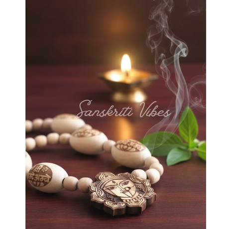 Shri Ambey Naam Carved Tulsi Locket Mala – Pure Handcrafted Original Tulsi Beads Kanthi Mala for Devi Bhakti & Protection - Retail Maharaj