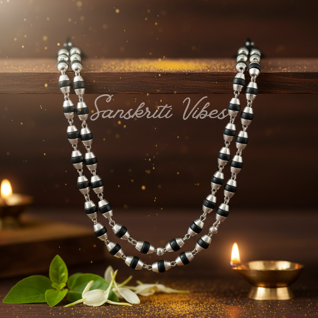 Tiny Beads Silver Black Tulsi Kanthi Mala – Handcrafted Lightweight Spiritual Necklace for Meditation & Devotion