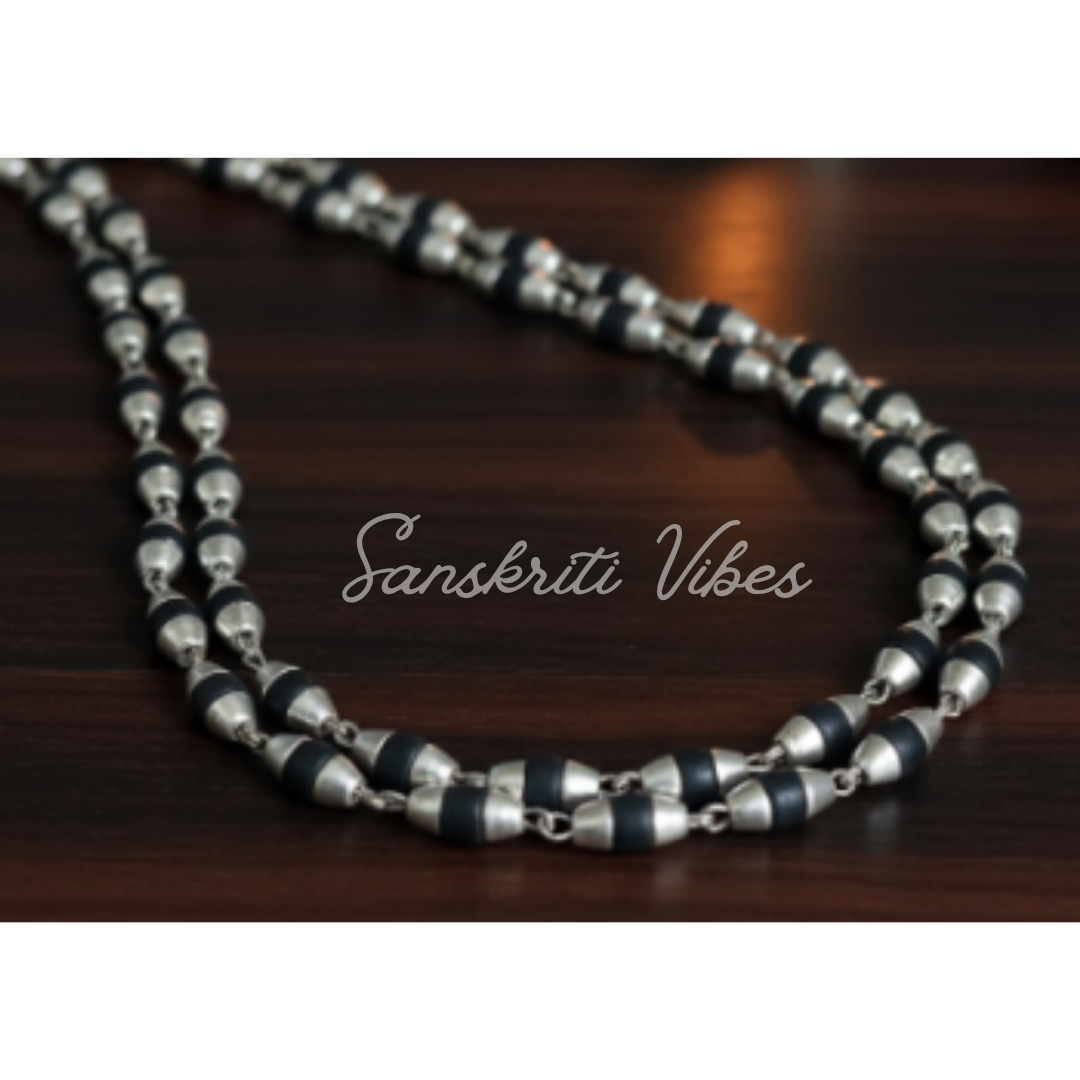 Silver & Natural Black Tulasi Basil Rosary Beads Chain – 24-Inch Handcrafted Spiritual Necklace for Meditation & Devotion (5.8 gm)