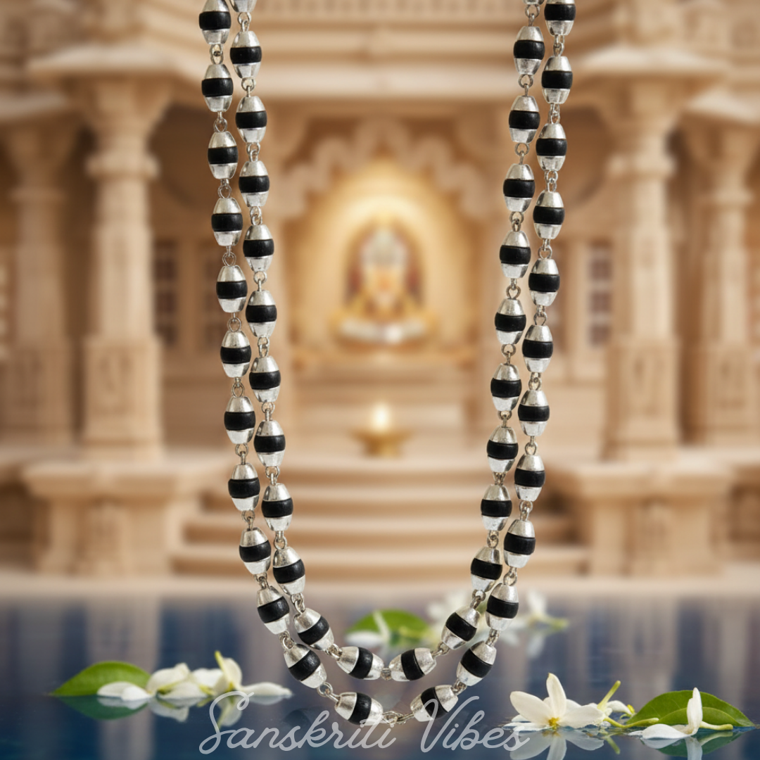Silver & Natural Black Tulasi Basil Rosary Beads Chain – 24-Inch Handcrafted Spiritual Necklace for Meditation & Devotion (5.8 gm)