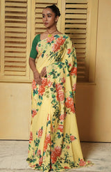 Handwoven Muslin Cotton Saree – Prints in Yellow - Retail Maharaj