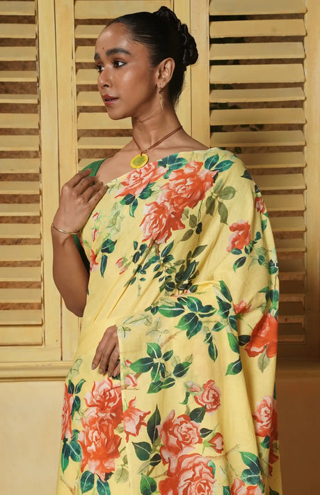 Handwoven Muslin Cotton Saree – Prints in Yellow - Retail Maharaj