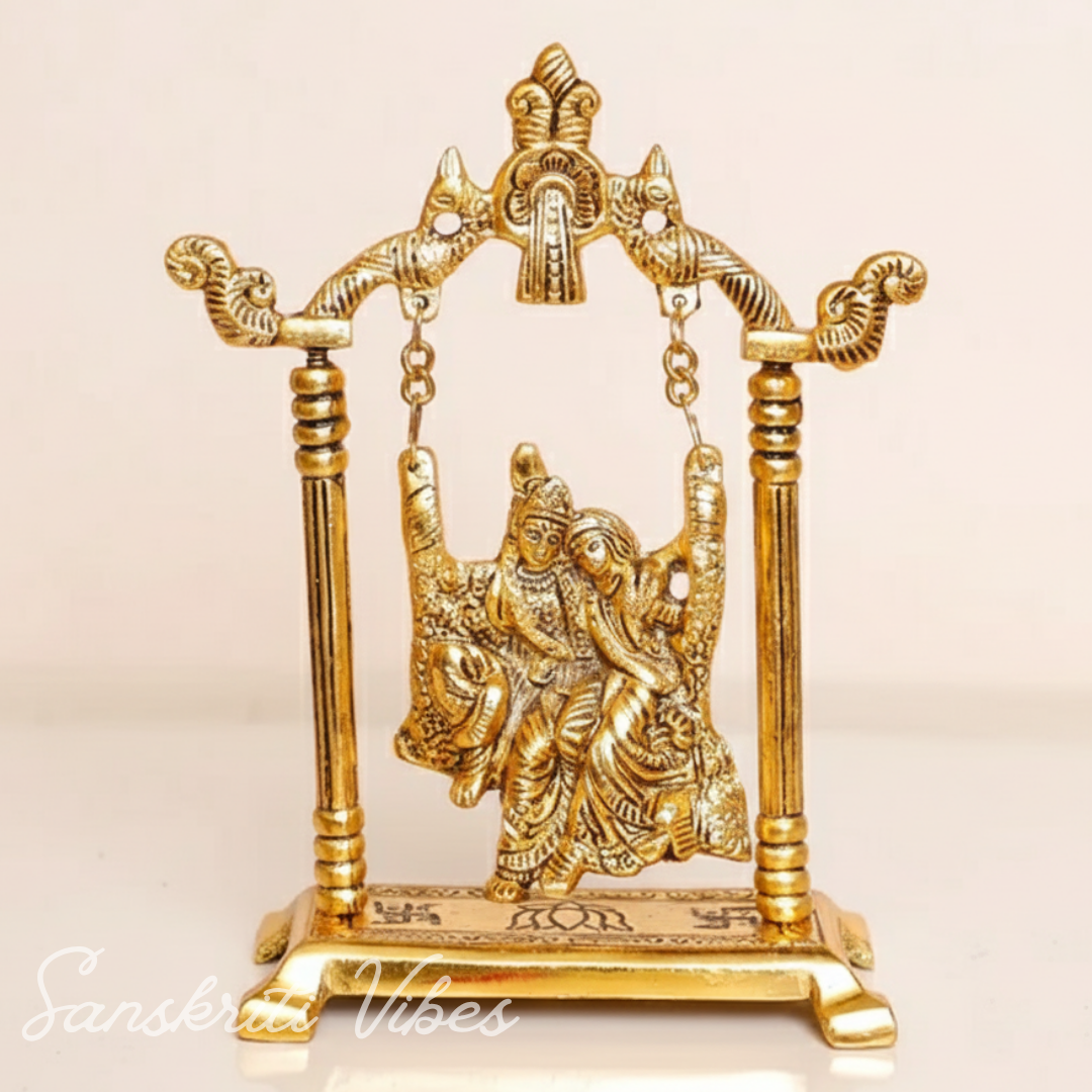 Gold Plated Radha Krishna on Swing Jhula Metal Statue for Home Decor by Kridaykraft