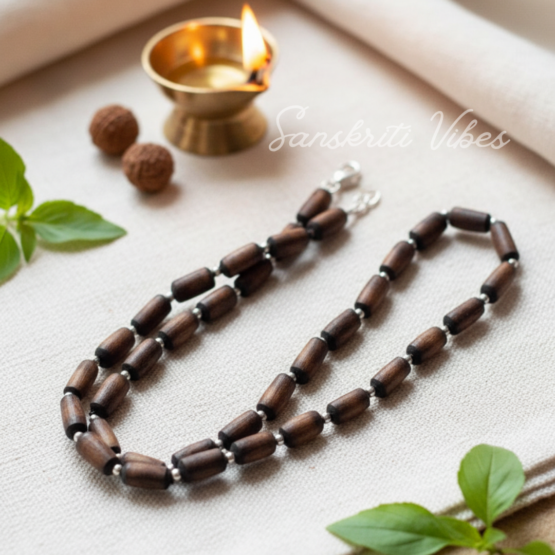Natural Dark Brown Shyama Tulsi Beads Kanthi Mala with Silver Balls – Premium Handcrafted Spiritual Necklace for Meditation & Devotion