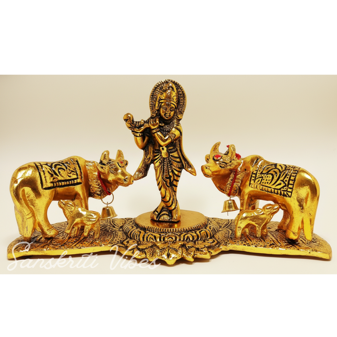 Krishna Standing with Cow Pair Decorative Showpiece for Home Decor and Gifting Polyresin 11 cm