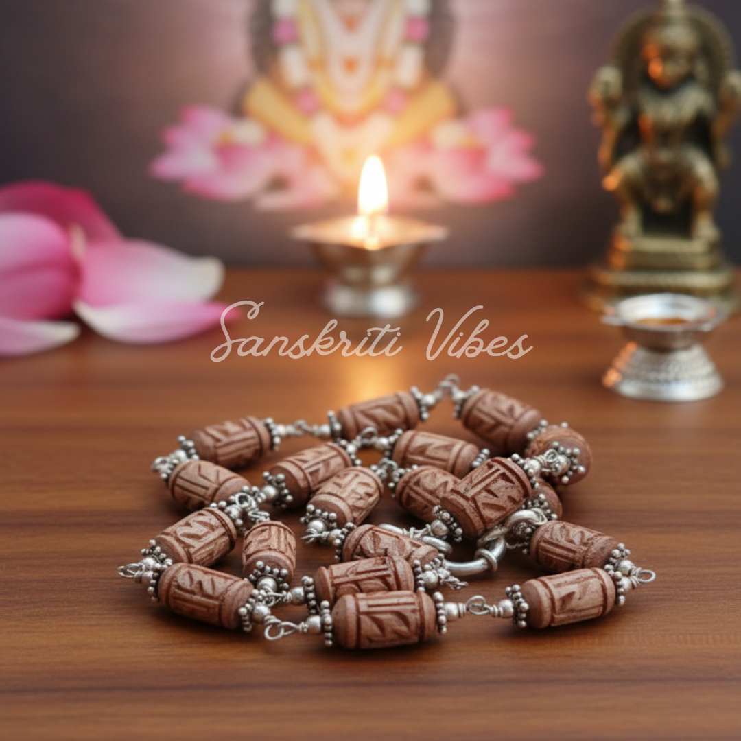 Radha Carved Silver Tulsi Kanthi Mala – Handcrafted Spiritual Necklace for Devotion & Meditation