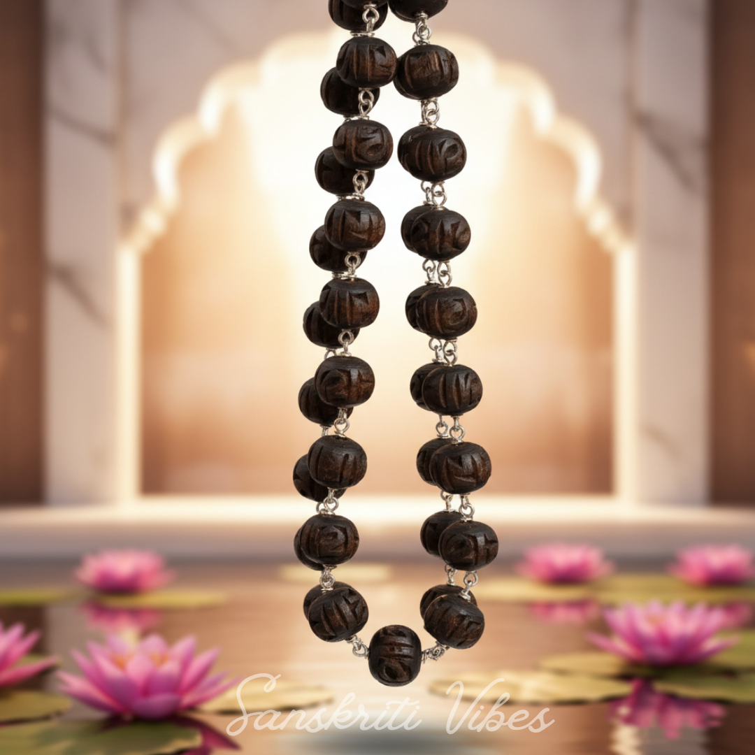 Radha Carved Silver Shyama Tulsi Beads Mala – Handcrafted Spiritual Necklace for Devotion & Meditation