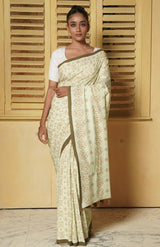Handwoven Muslin Cotton Saree – Prints in Pista Green - Retail Maharaj