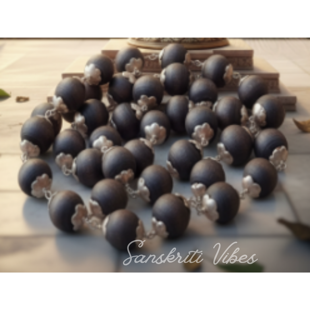 Handcrafted 92.5 Silver Shyama Tulsi Kanthi Mala with Flower Silver Cap – Traditional Vaishnav Tulsi Necklace for Spiritual Protection