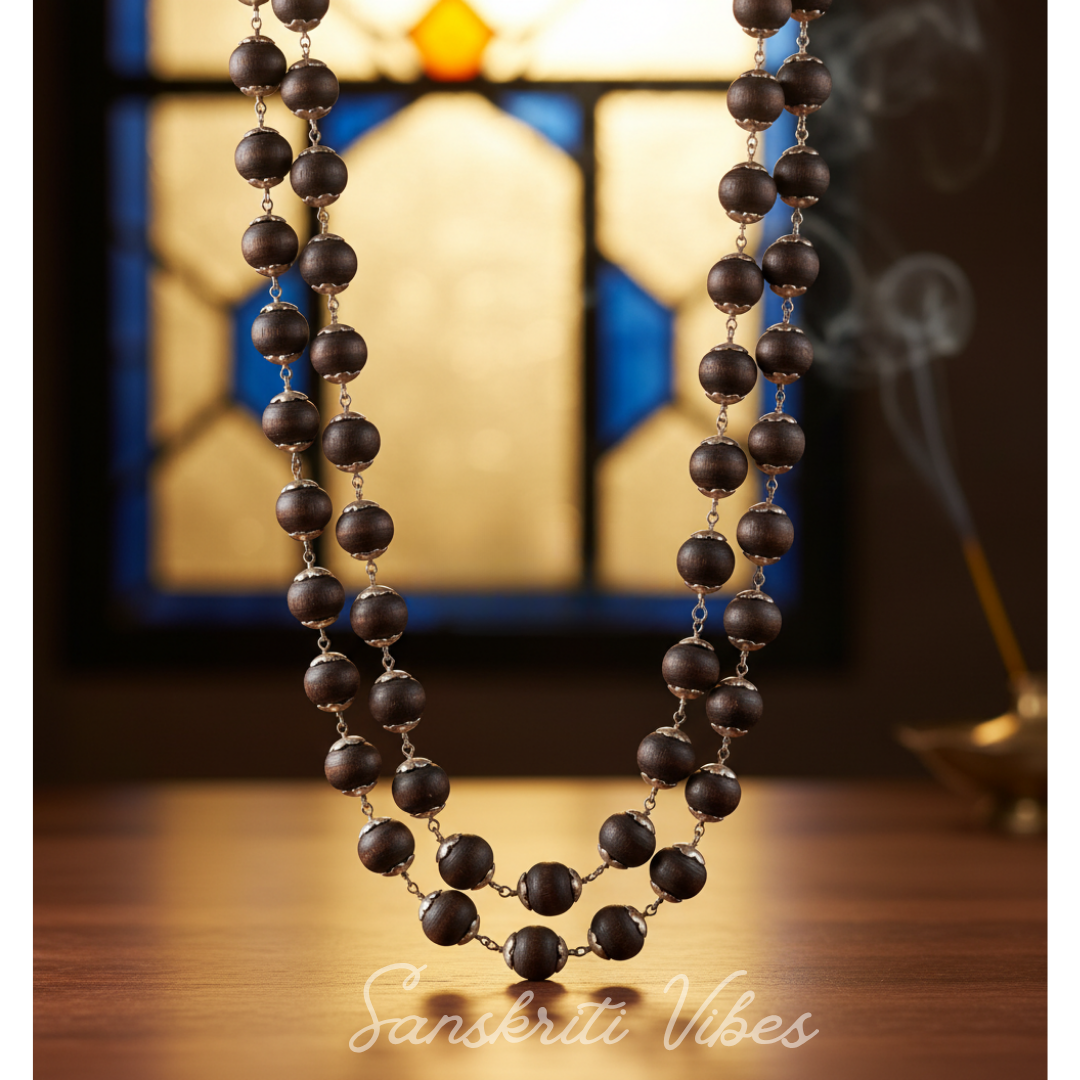 Handcrafted 92.5 Silver Shyama Tulsi Kanthi Mala with Flower Silver Cap – Traditional Vaishnav Tulsi Necklace for Spiritual Protection