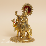 Lord Krishna with Cow Metal Statue for Home Decor and Spiritual Gifting Aluminium Showpiece