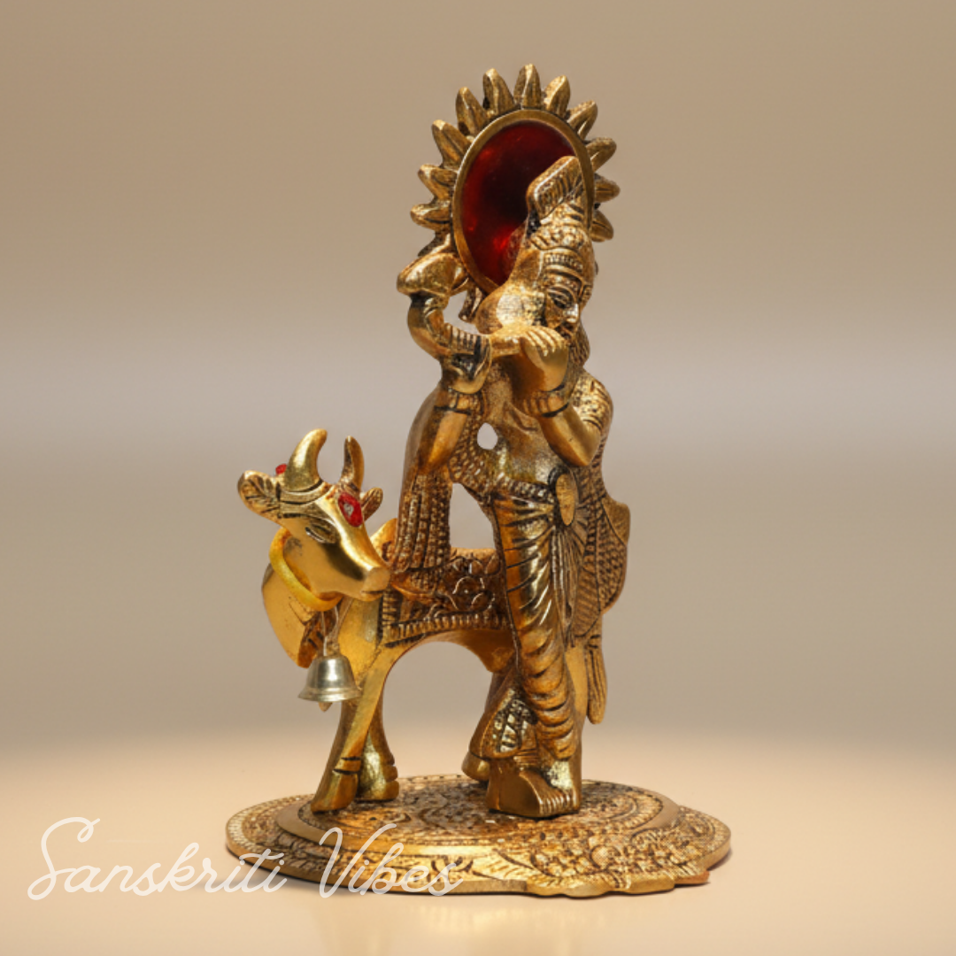 Lord Krishna with Cow Metal Statue for Home Decor and Spiritual Gifting Aluminium Showpiece