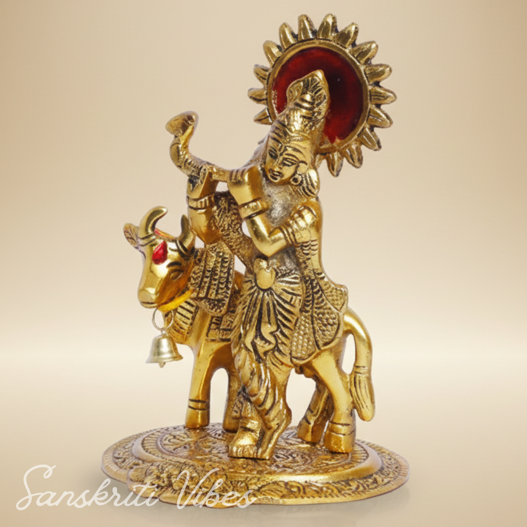 Lord Krishna with Cow Metal Statue for Home Decor and Spiritual Gifting Aluminium Showpiece