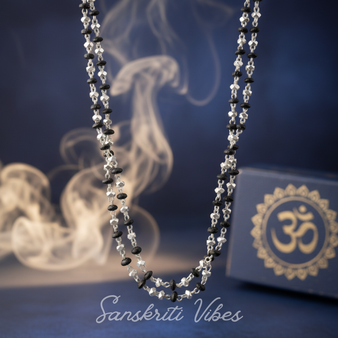 Silver Black Tulsi Twisted Kanthi Mala – Traditional Indian Spiritual Necklace for Devotion and Meditation