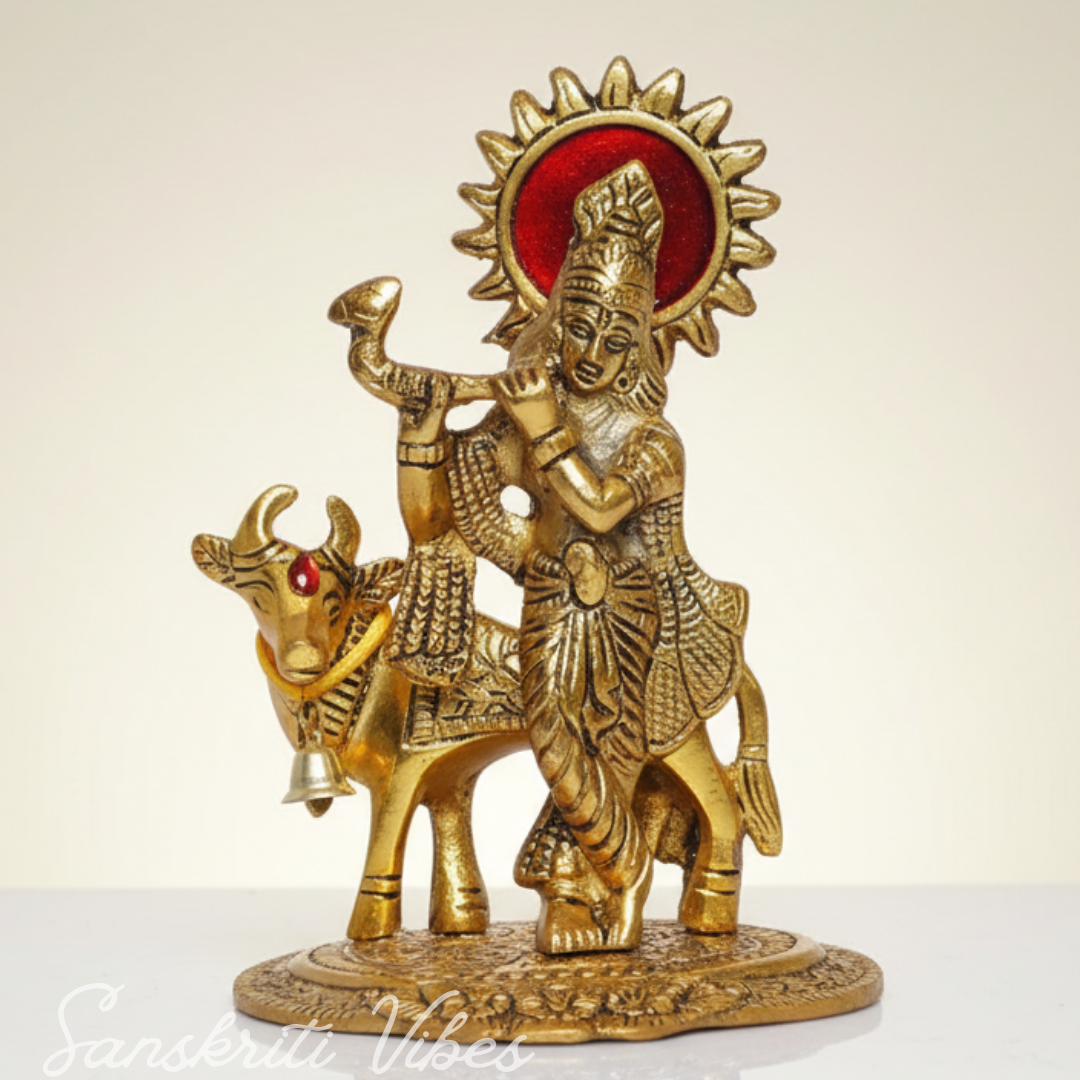 Lord Krishna with Cow Metal Statue for Home Decor and Spiritual Gifting Aluminium Showpiece