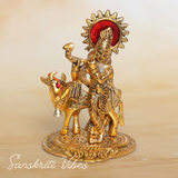 Lord Krishna with Cow Metal Statue for Home Decor and Spiritual Gifting Aluminium Showpiece