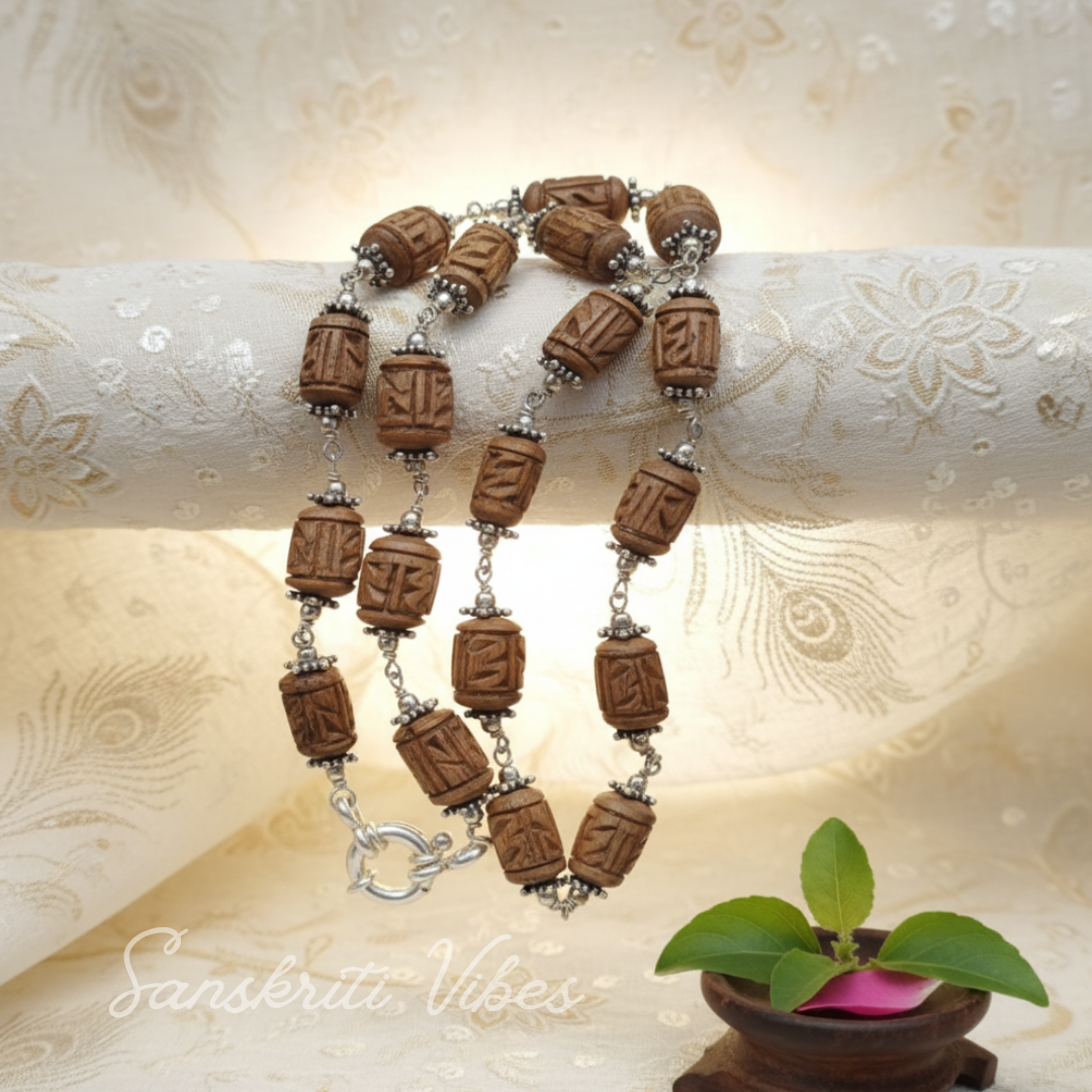 Brij Kisori Shri Radha Naam Tulsi Silver Kanthi Mala – Handcrafted Spiritual Necklace, 92.5% Sterling Silver