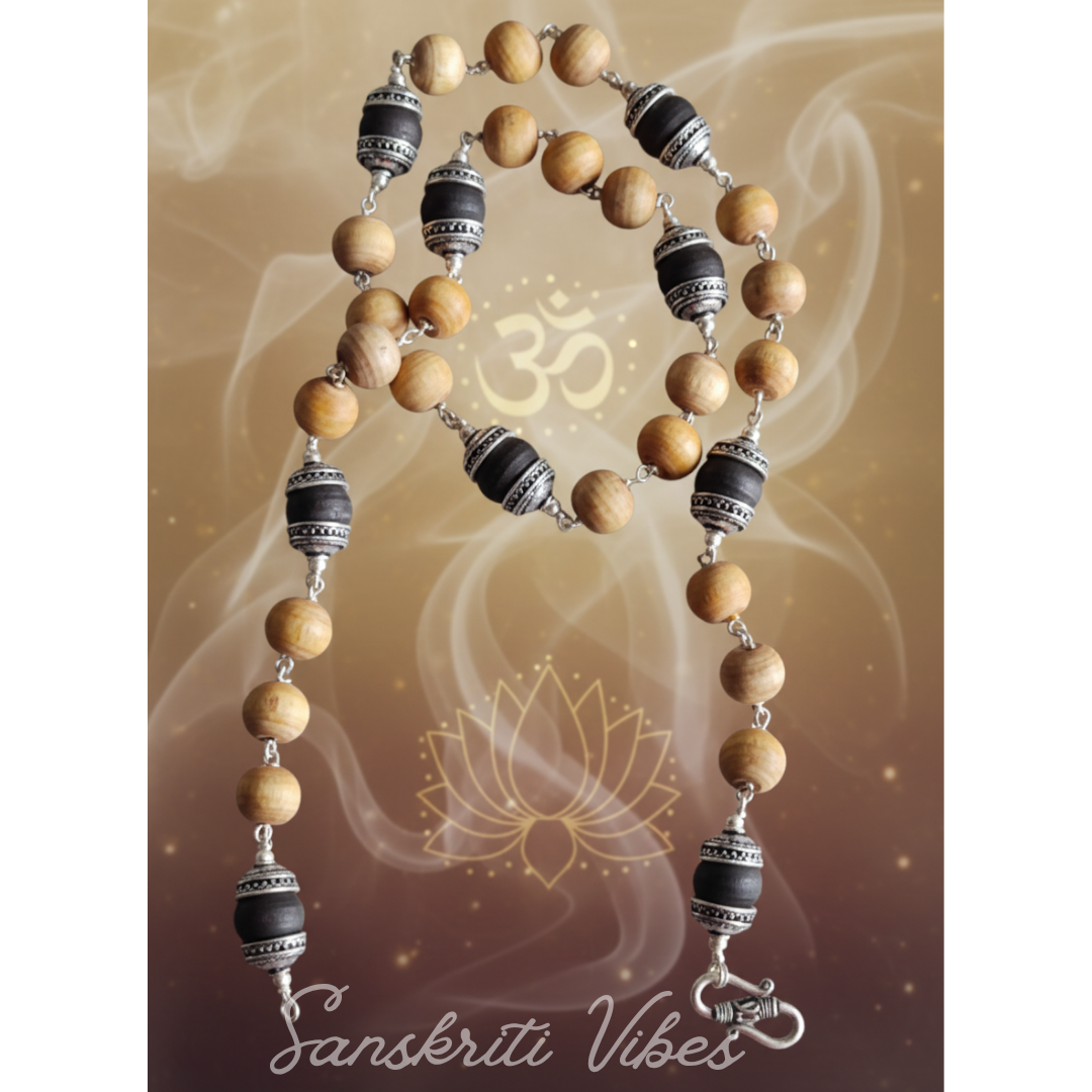 Sterling Silver Caped Original Tulsi Beads Mala – Handcrafted 24-Inch Spiritual Necklace, 92.5% Pure Silver