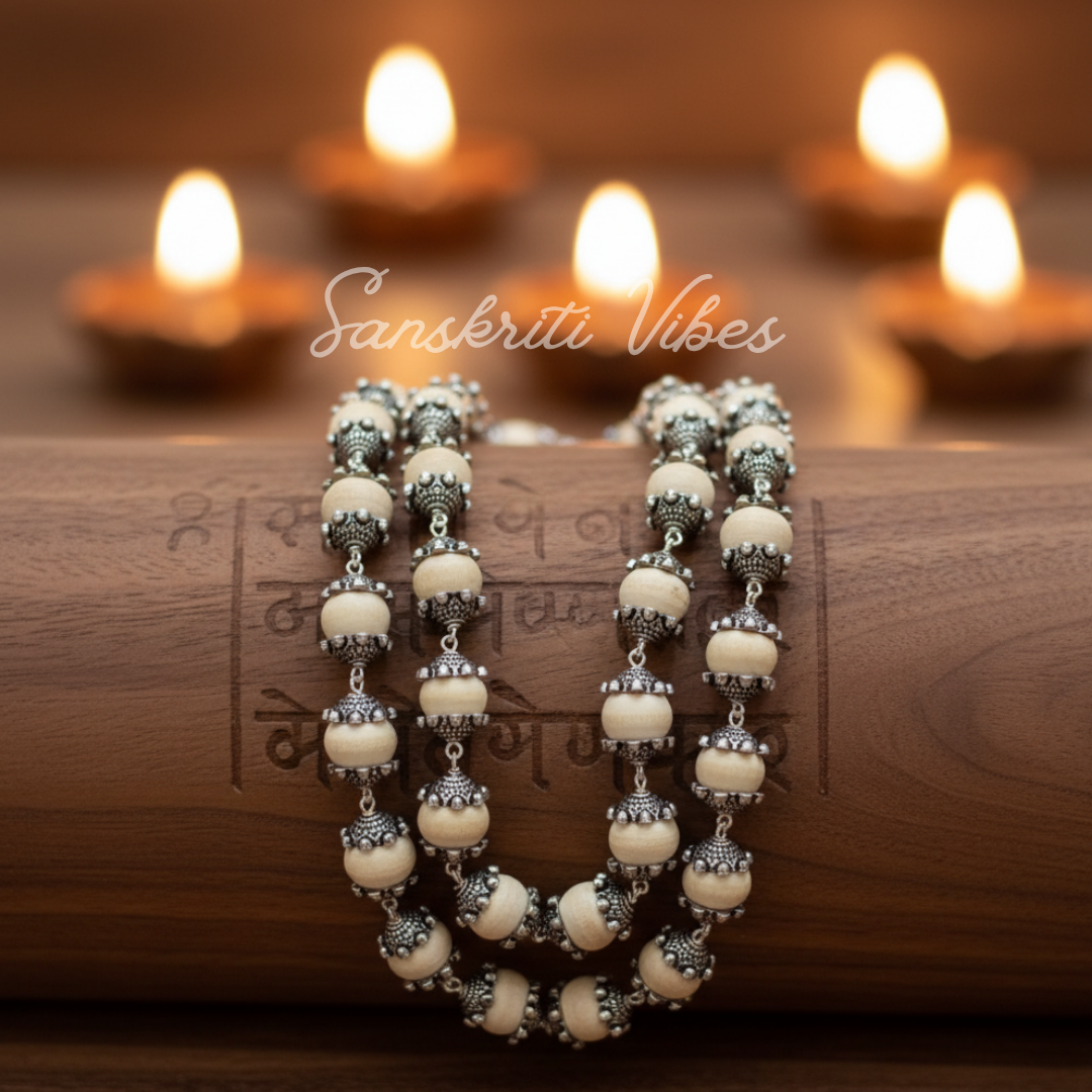 Beautifully Designed Tulsi Beads Chain with Sterling Silver Caps – 19-Inch Spiritual Necklace, 10 mm Beads, 92.5% Pure Silver, 50 gm