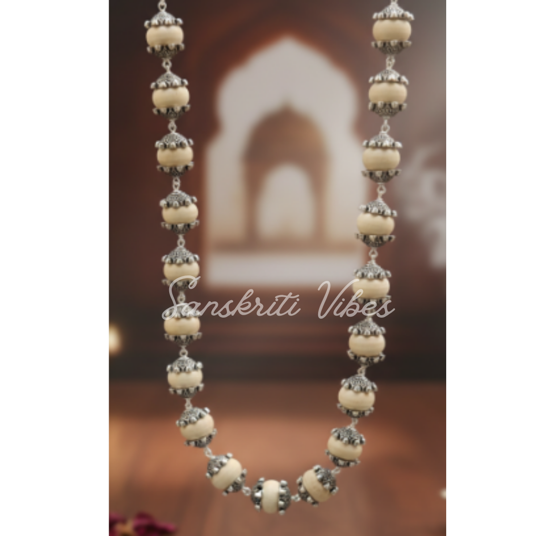 Beautifully Designed Tulsi Beads Chain with Sterling Silver Caps – 19-Inch Spiritual Necklace, 10 mm Beads, 92.5% Pure Silver, 50 gm