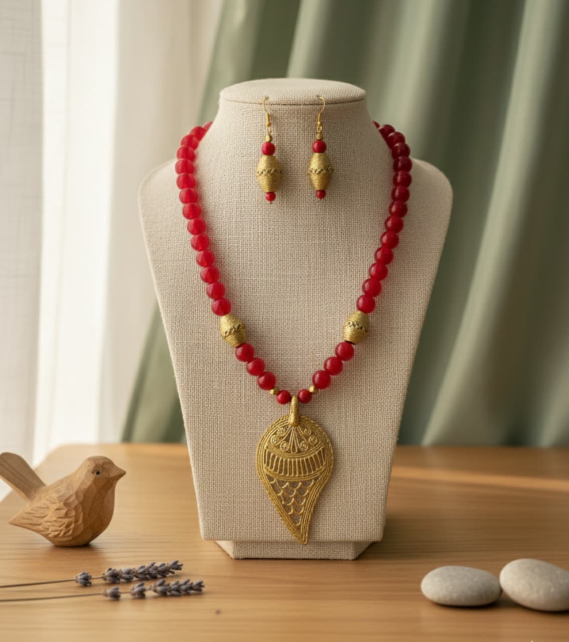 Premium Authentic Dokra & Red Agate Beaded Necklace Set with Matching Earrings | Handmade Tribal Gemstone Statement Jewelry