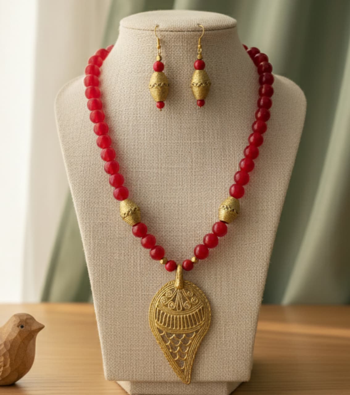 Premium Authentic Dokra & Red Agate Beaded Necklace Set with Matching Earrings | Handmade Tribal Gemstone Statement Jewelry