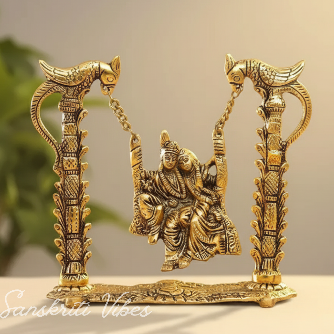 Radha Krishna on Swing Jhula Gold Plated Metal Idol for Home Decor and Gifting