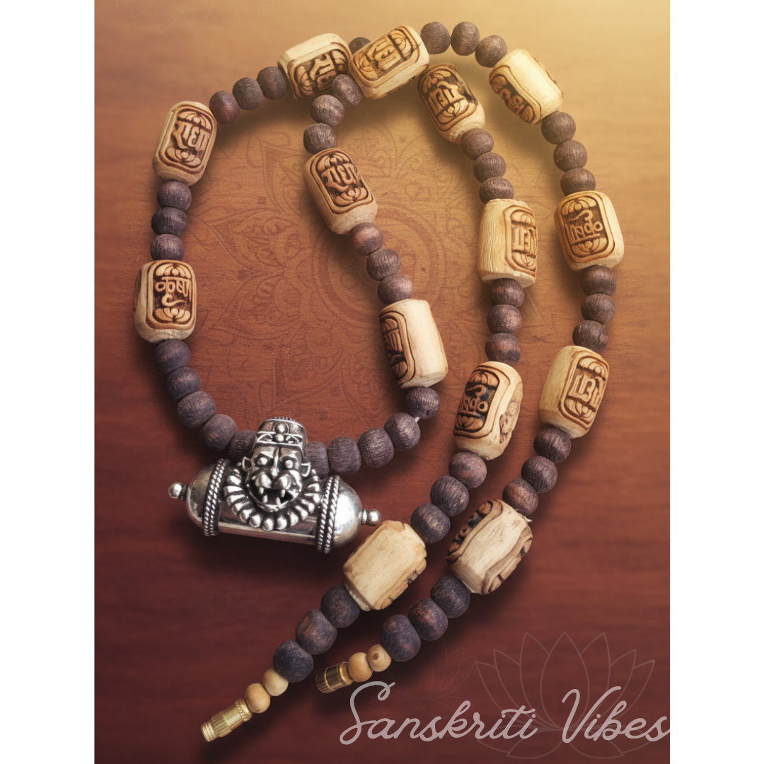 Silver Narsimha Kavach with Radha Krishna Carved Original Tulsi Beads Mala – 20 Inch 92.5% Pure Silver Spiritual Jewelry - Retail Maharaj