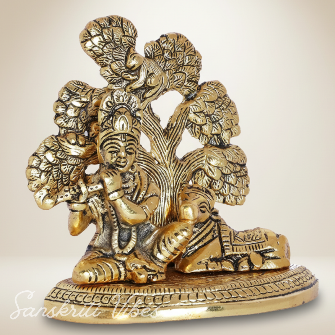 Metal Lord Krishna Playing Flute Sitting Under Tree with Cow Decorative Showpiece 13 cm